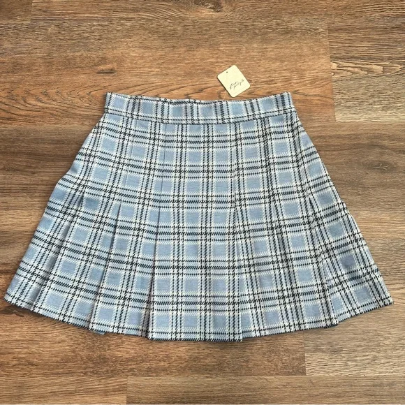 NWT Free People Pleated Plaid Mini Skirt Blue Check A-Line Preppy Size 6 - Picture 2 of 8